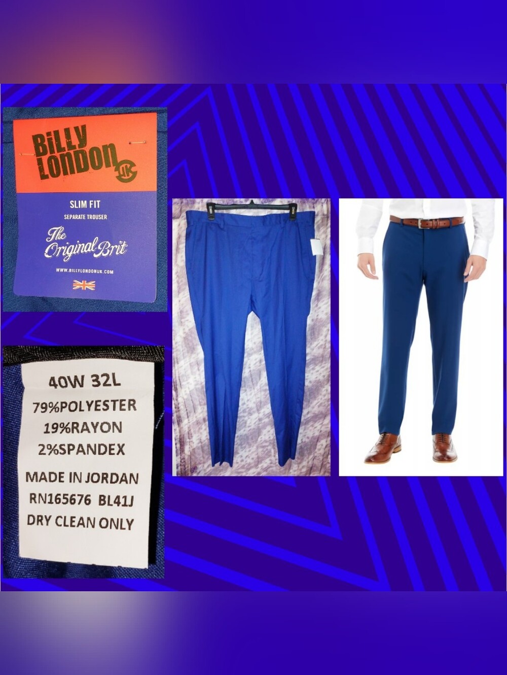 Billy London UK brand Royal Blue Slim Fit Suit Separate Pants Sz 40W X 32L